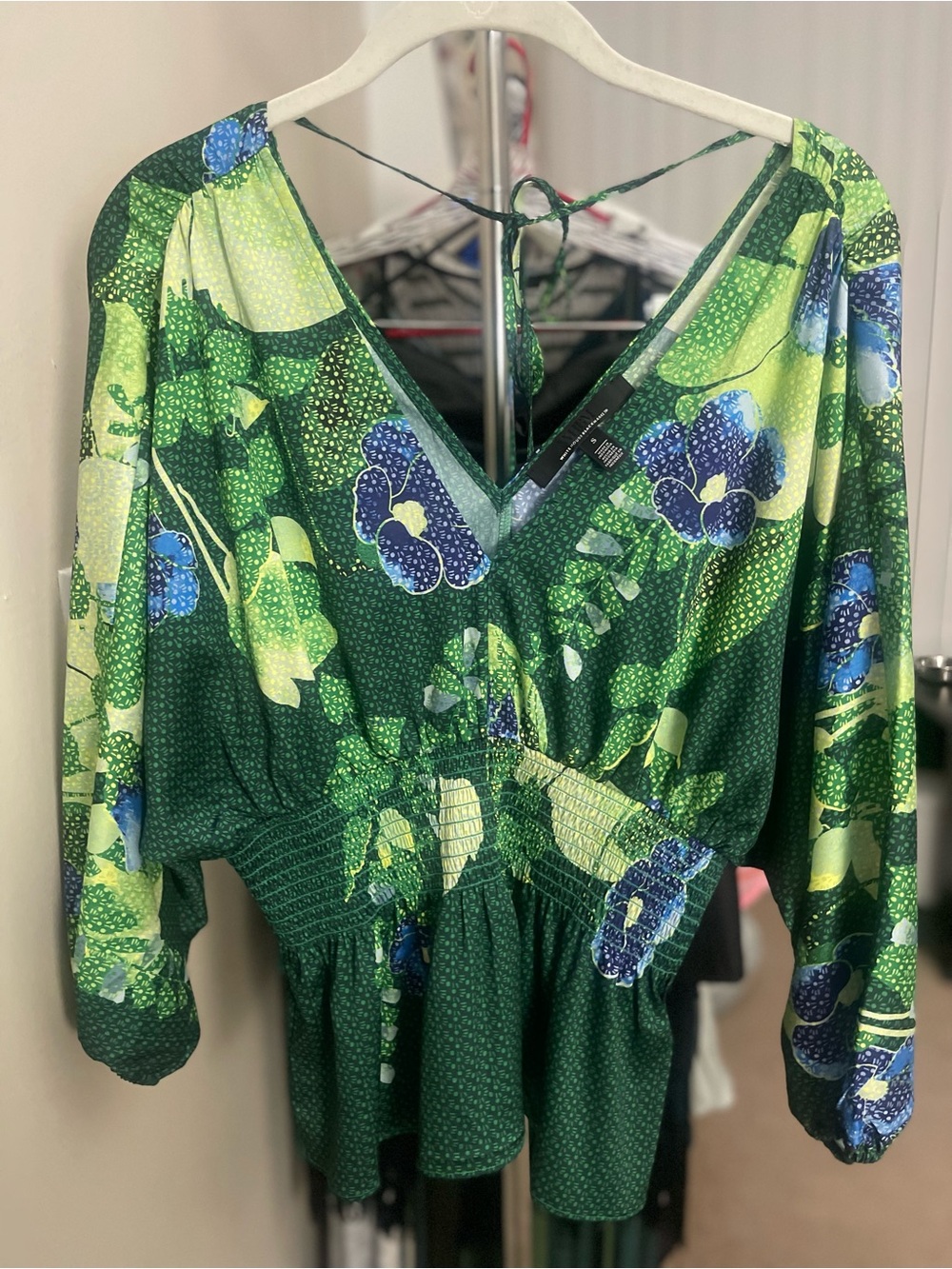 White House Black Market- Green Floral V-Neck Blouse